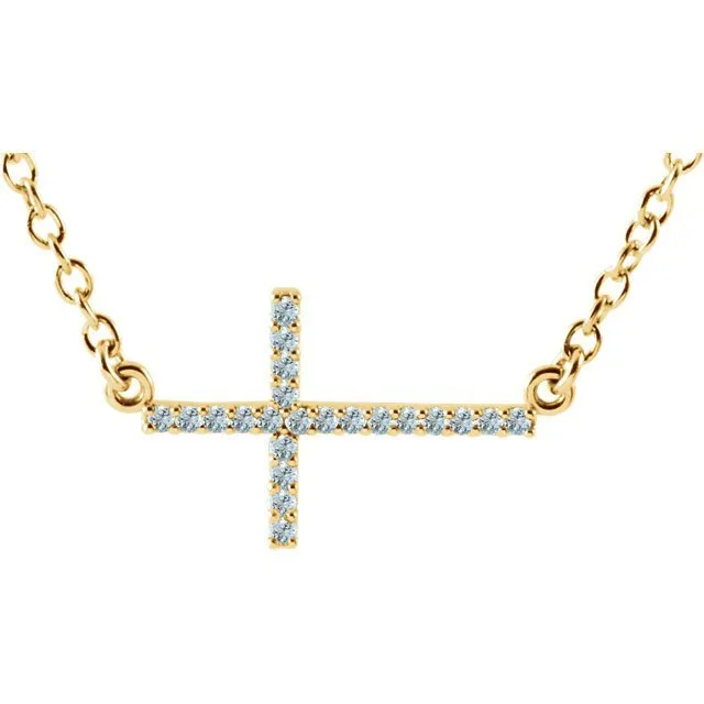 14KT GOLD 0.17 CTW ROUND AQUAMARINE SIDEWAYS CROSS NECKLACE