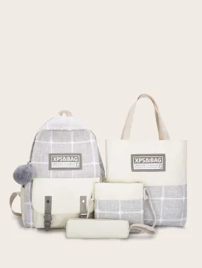 4pcs Letter Patch Plaid Backpack With Pencil Case