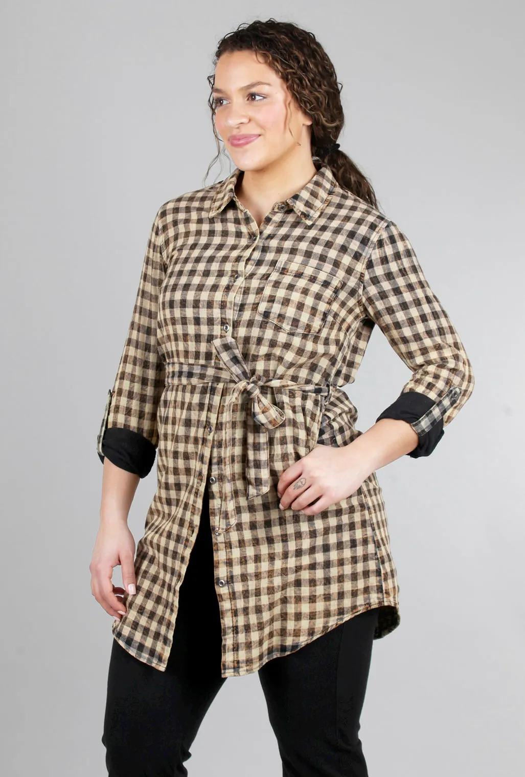 Acid-Wash Plaid Shirtdress, Black