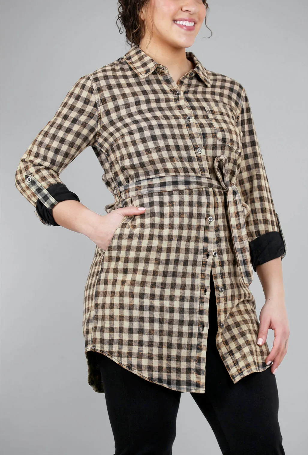 Acid-Wash Plaid Shirtdress, Black