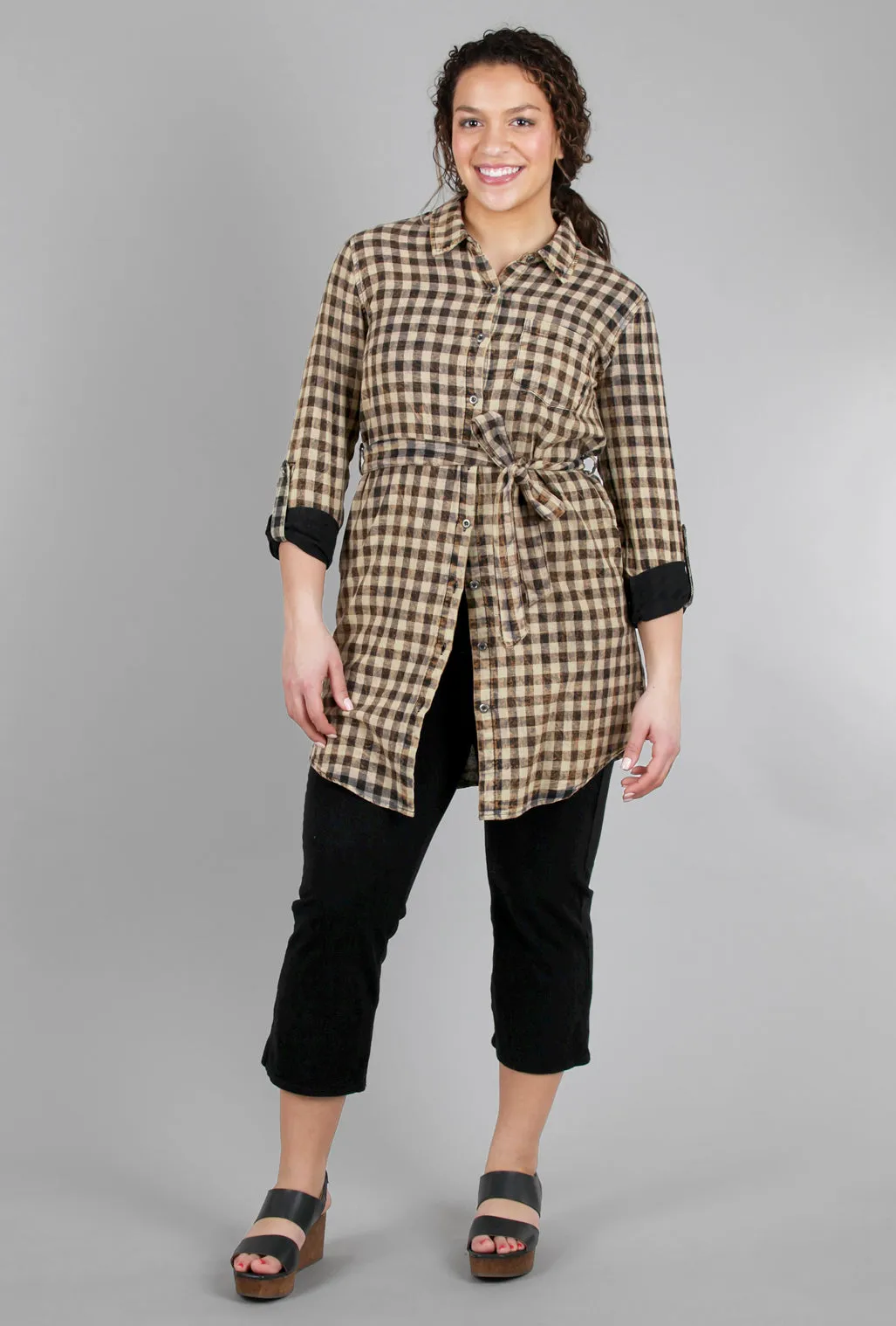 Acid-Wash Plaid Shirtdress, Black