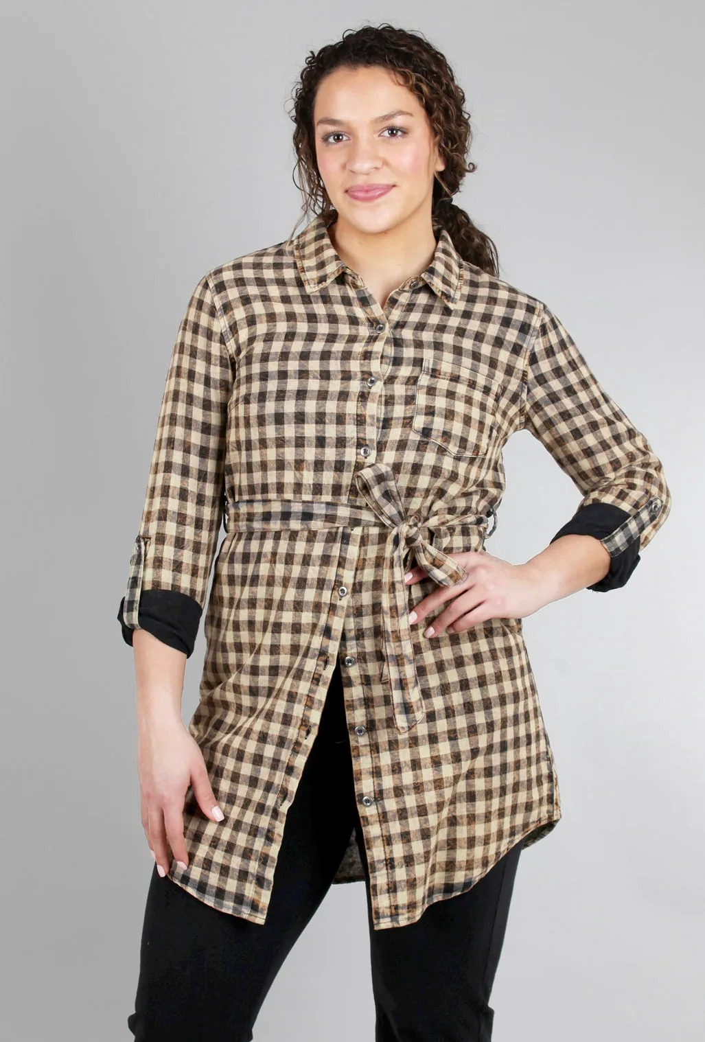 Acid-Wash Plaid Shirtdress, Black