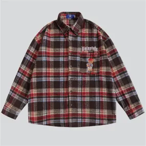 Bear Embroidery Long Sleeve Plaid Shirt