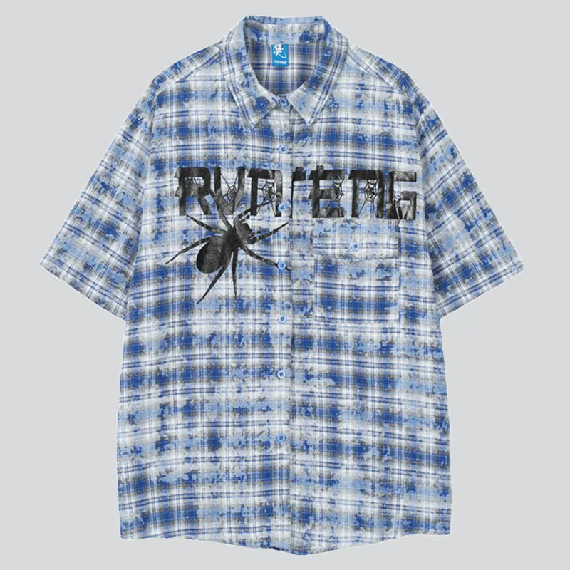 Black Spider Print Plaid Shirt