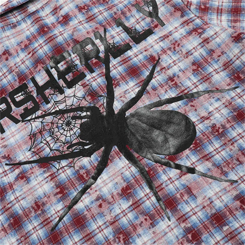 Black Spider Print Plaid Shirt