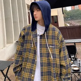 BONSIR  -  Plaid Men's Hooded Shirts Fashion Spring Casual Unisex Blouses Letter Harajuku Loose Shirts