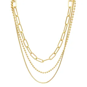 Box Chain, Ball Chain, and Oversized Paper Clip Chain Necklace Set gold