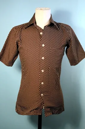 Brown Polka Dot Short Sleeve 70s Polyester Disco Shirt S