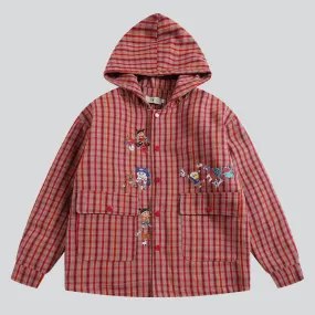 Cartoon Embroidery Flap Pocket Plaid Coat