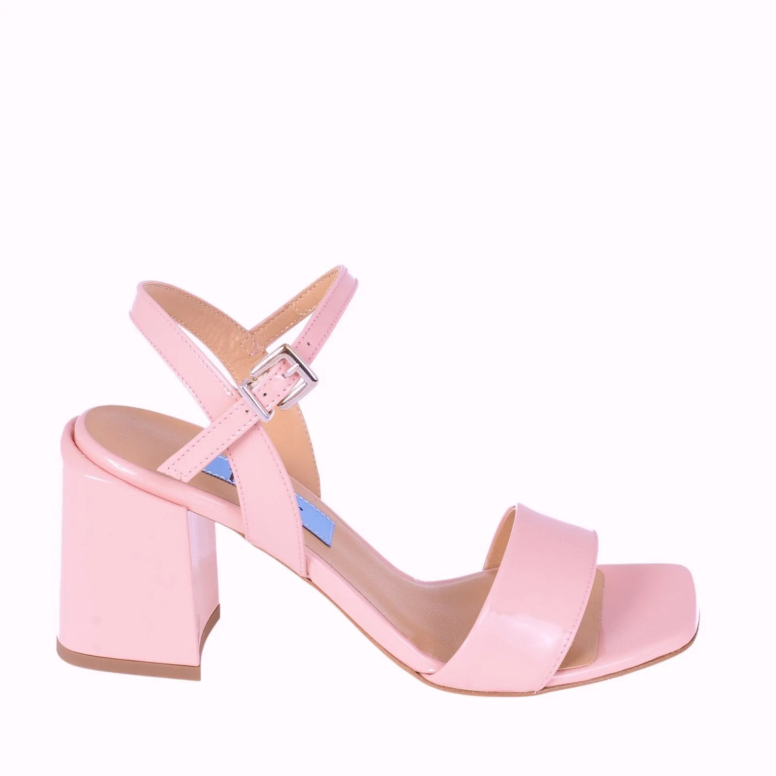 Chunky Classic Square Pink Patent Heeled Sandals