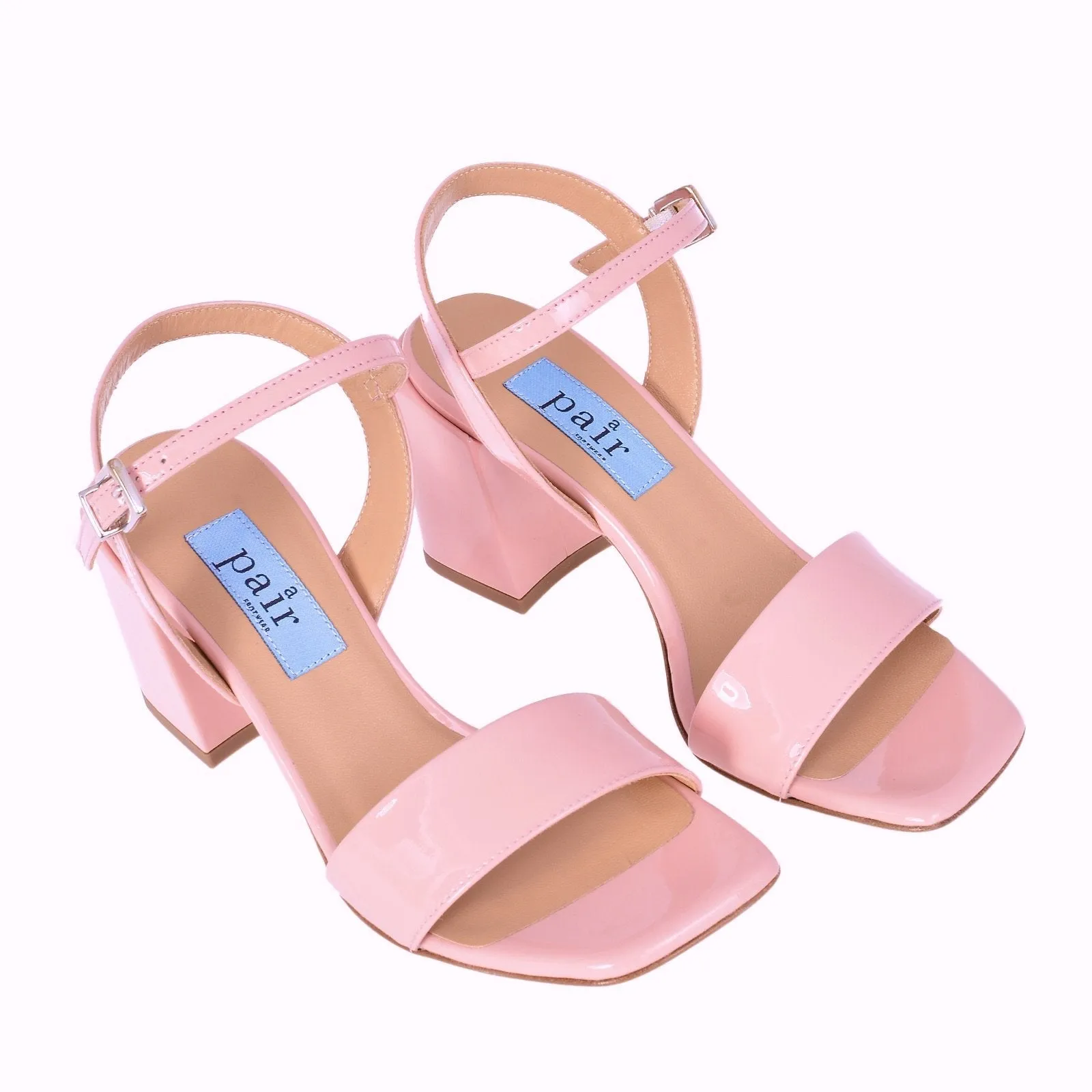 Chunky Classic Square Pink Patent Heeled Sandals