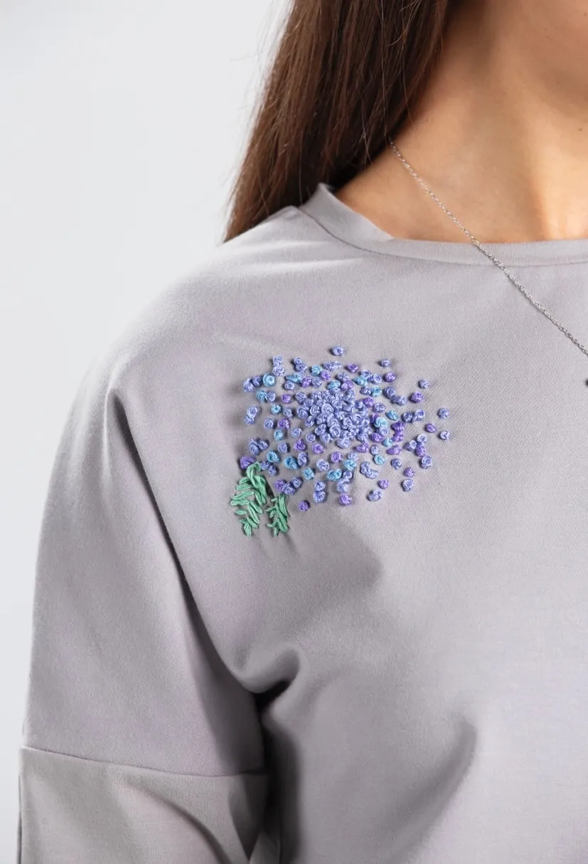 Cloud Grey Sweater with Hydrangea Embroidery