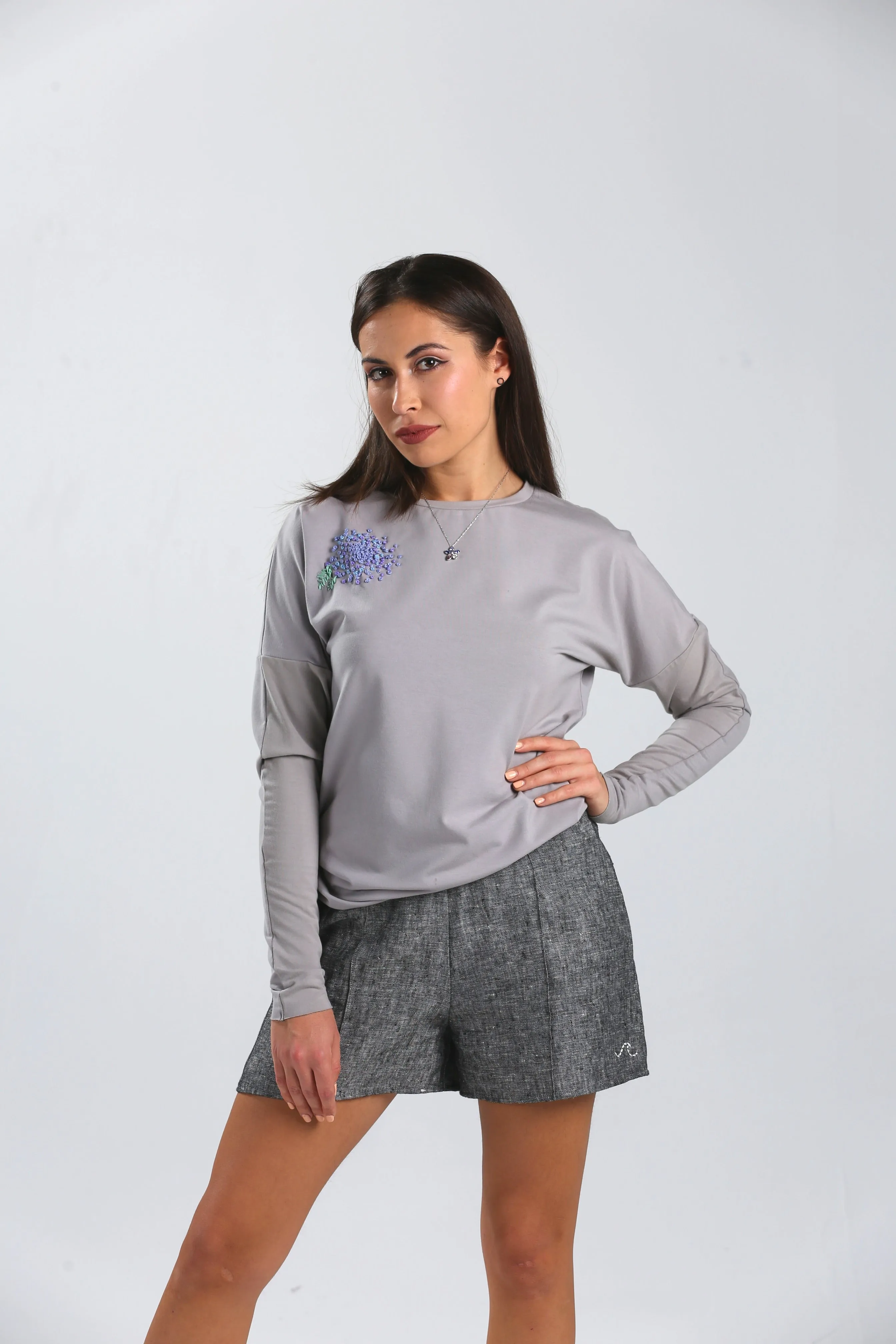 Cloud Grey Sweater with Hydrangea Embroidery