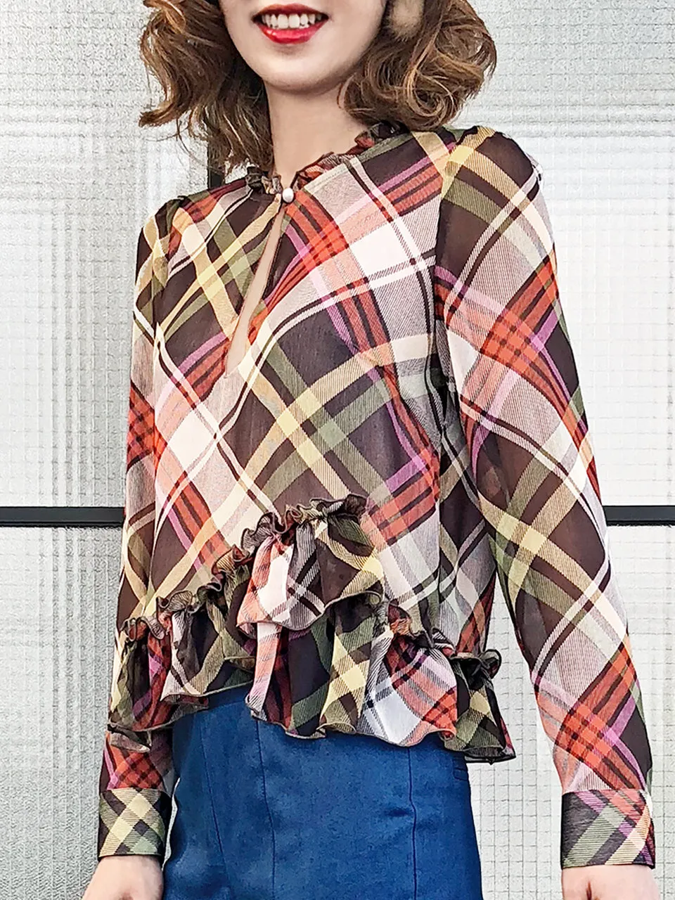 Final Sale! Nash Plaid Ruffle Peplum Crepe Blouse