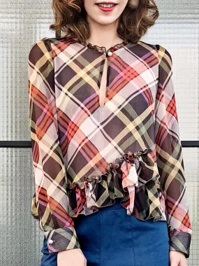 Final Sale! Nash Plaid Ruffle Peplum Crepe Blouse