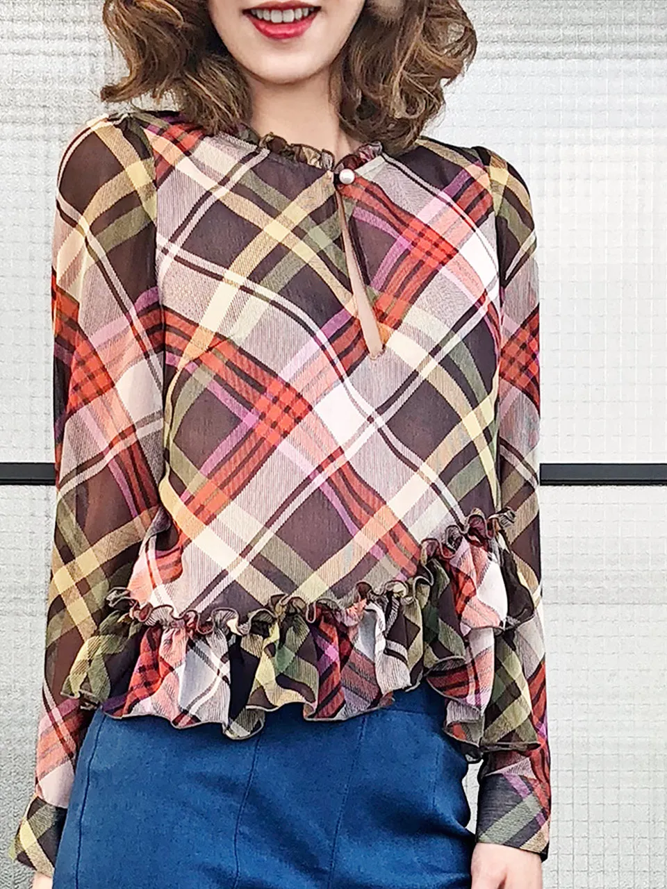 Final Sale! Nash Plaid Ruffle Peplum Crepe Blouse