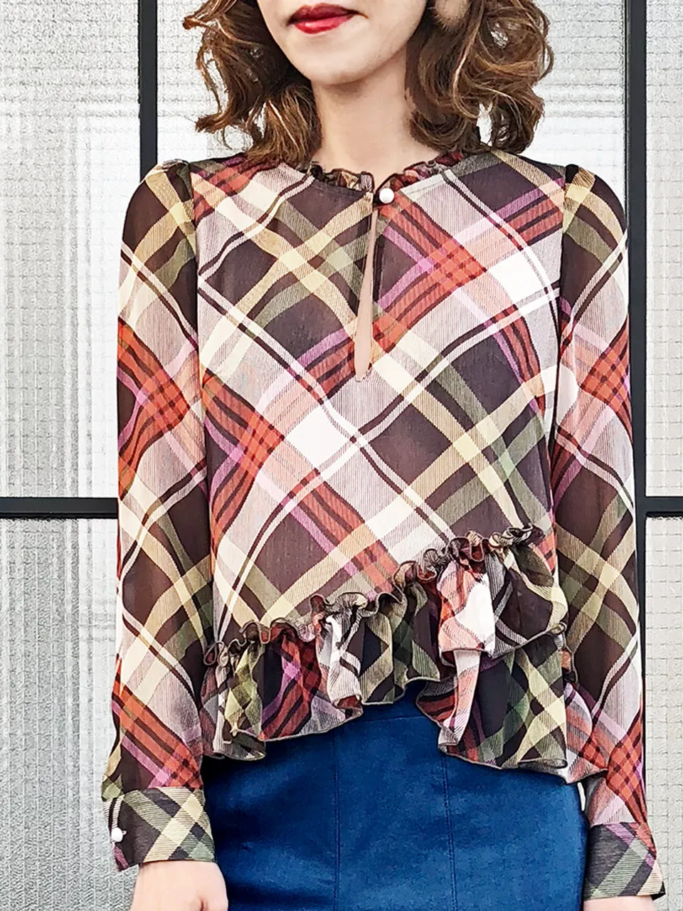 Final Sale! Nash Plaid Ruffle Peplum Crepe Blouse