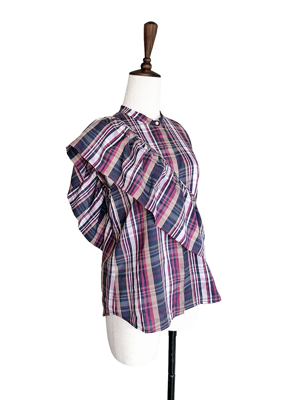 Further Sale! Plaid Prints Asymmetrical Ruffles Sleeveless Silky Blouse