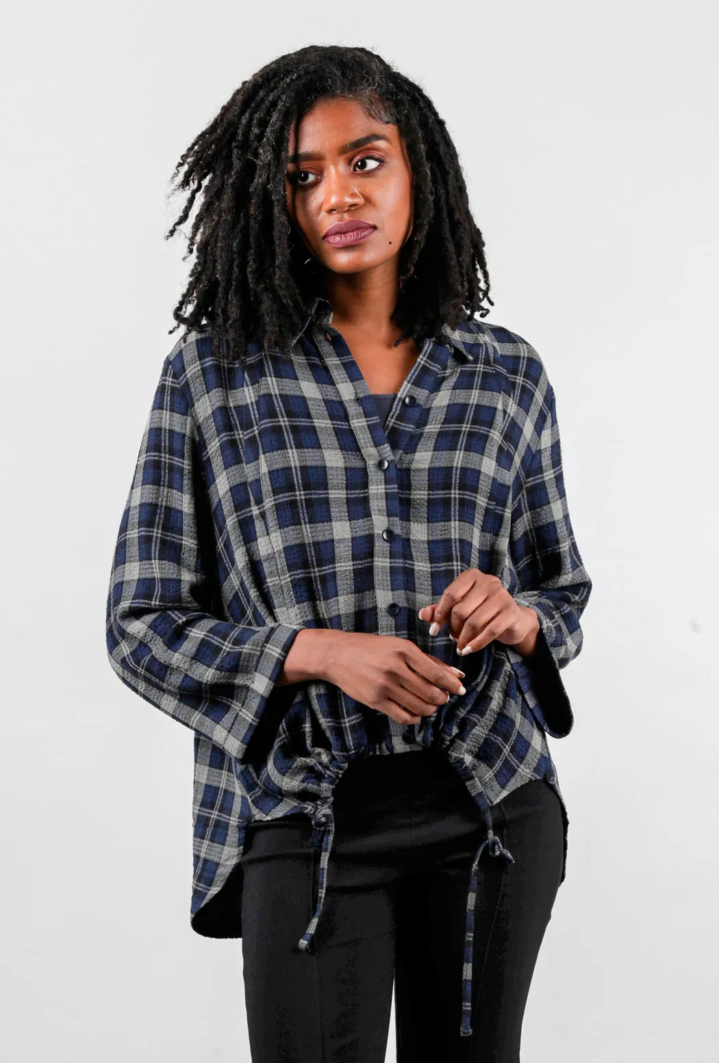 High-Low Plaid Blouse, Navy