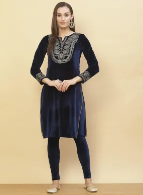 Imperial Blue Embroidered Velvet Kurti