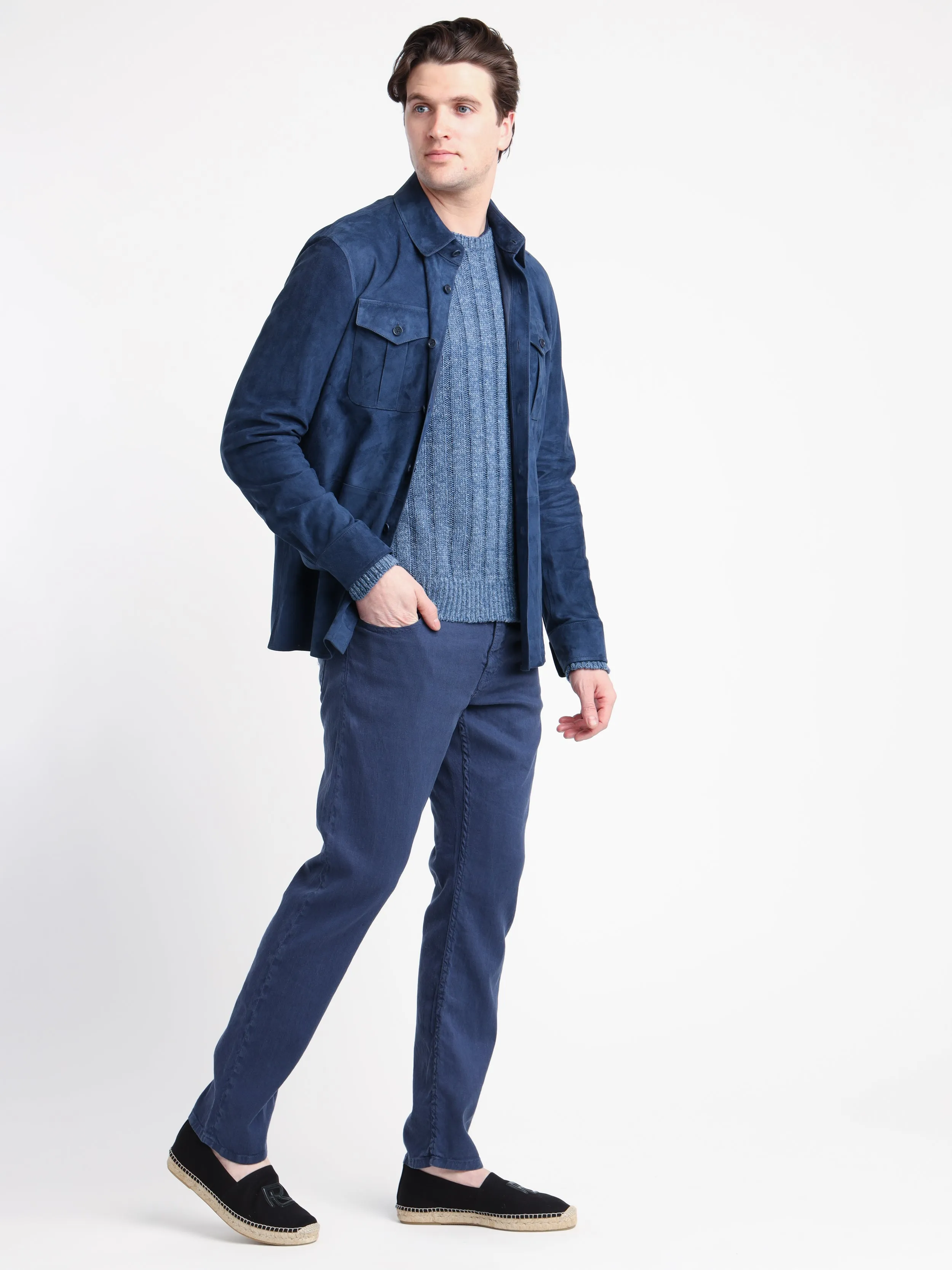 Navy Linen-Cotton Blend Jeans