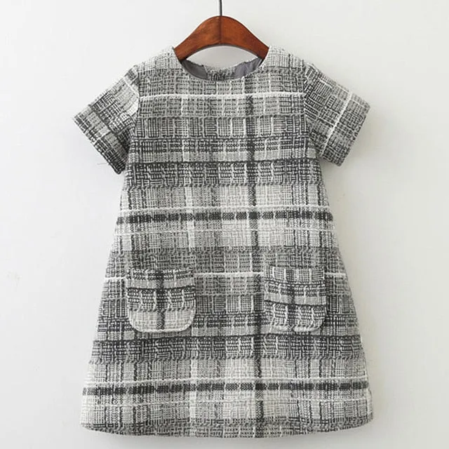 New Brand Girls Clothes European And America Style Kids Clothes Plaid Pocket Design Baby Girls Dress