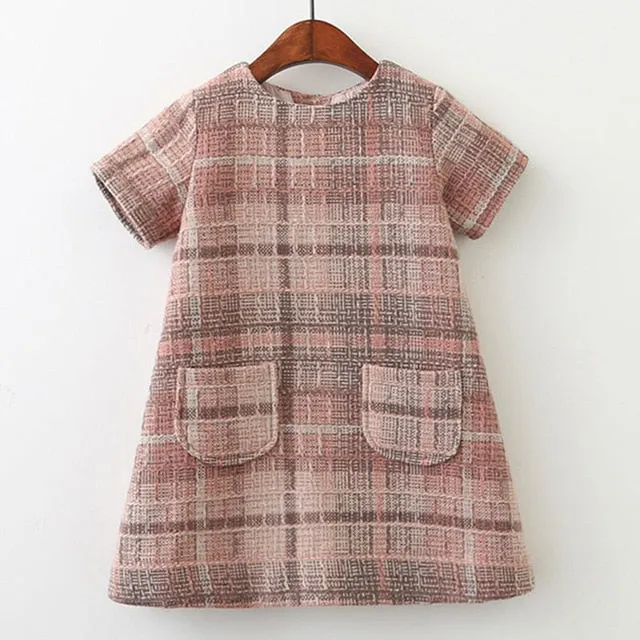 New Brand Girls Clothes European And America Style Kids Clothes Plaid Pocket Design Baby Girls Dress