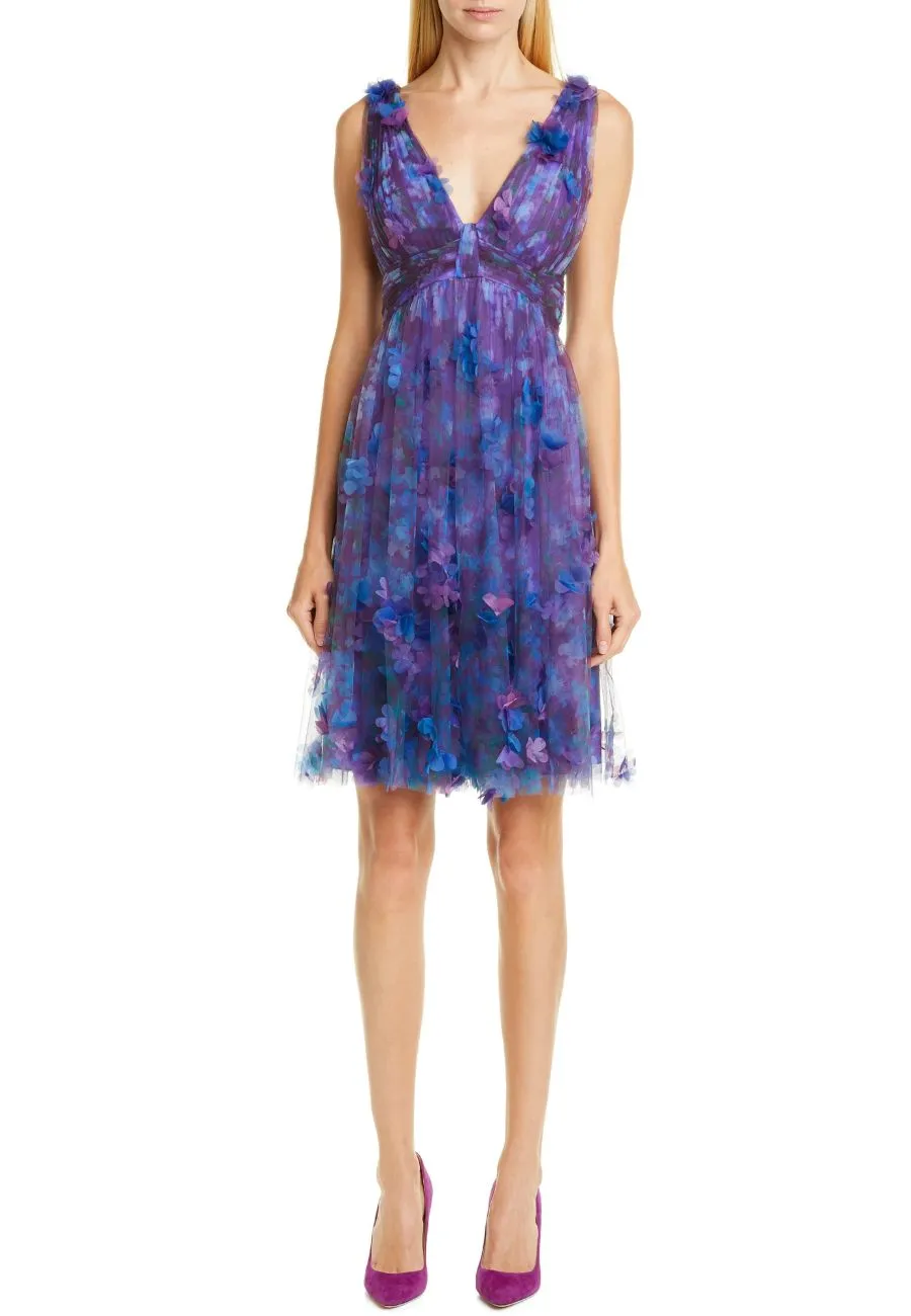 Purple & Blue Printed Tulle Plunging Mini Dress