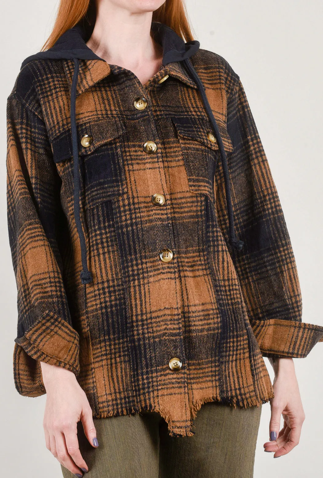 Raw-Hem Hooded Plaid Jacket, Tan