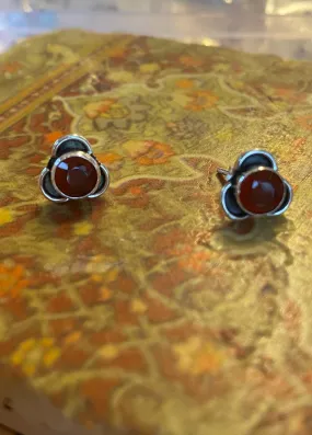 Solid Silver Carnelian Stud Earrings with Triple Curve Frame