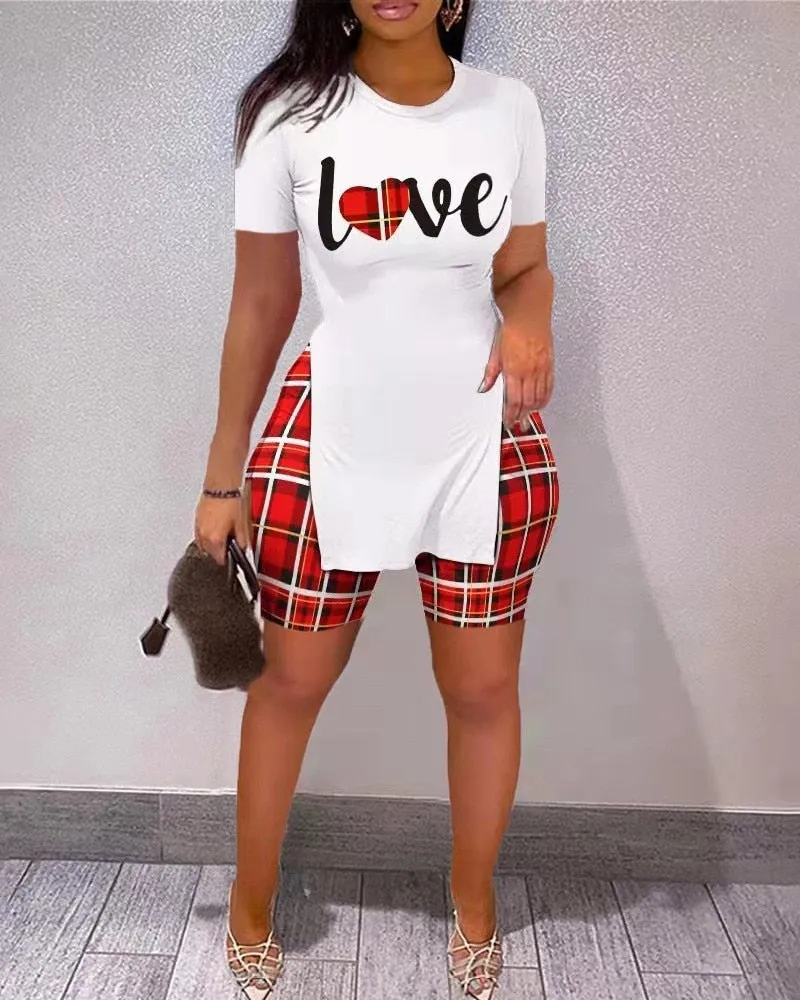 Summer Women Shorts Suit Sets Short Sleeve Round Neck Plaid Letter Print Split Hem Top and Summer Shorts Set Woman Clothing Set