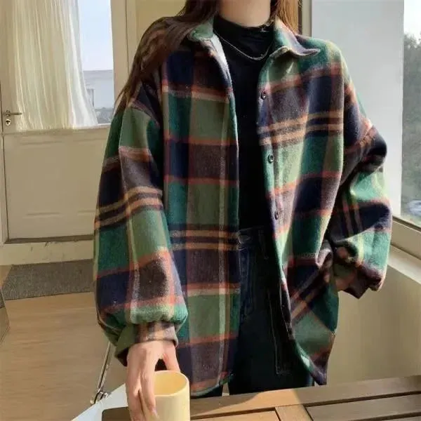 Thickened Plaid Flannel Shirt Autumn Winter New Style Loose Lantern Long Sleeve Casual Outerwear Top For Women