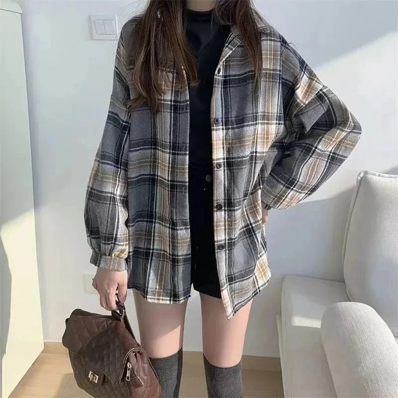 Thickened Plaid Flannel Shirt Autumn Winter New Style Loose Lantern Long Sleeve Casual Outerwear Top For Women