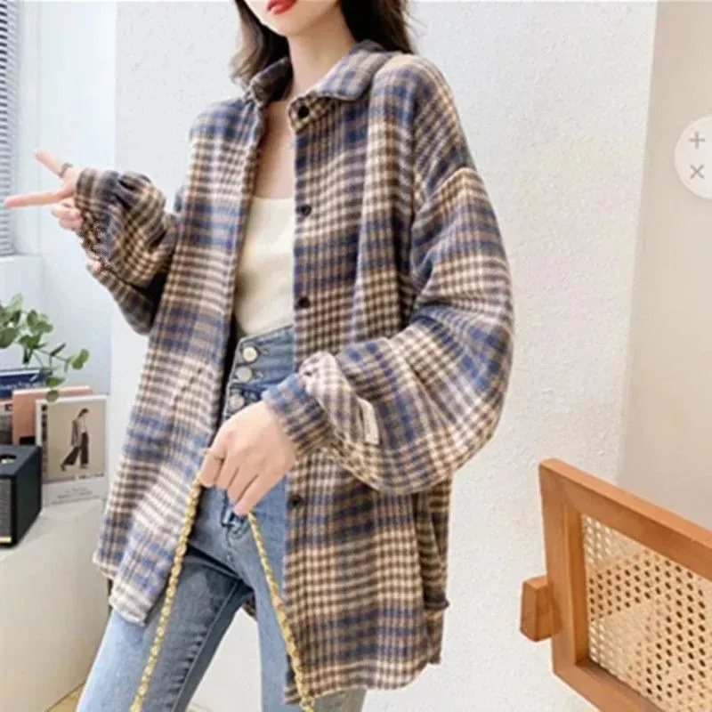 Thickened Plaid Flannel Shirt Autumn Winter New Style Loose Lantern Long Sleeve Casual Outerwear Top For Women