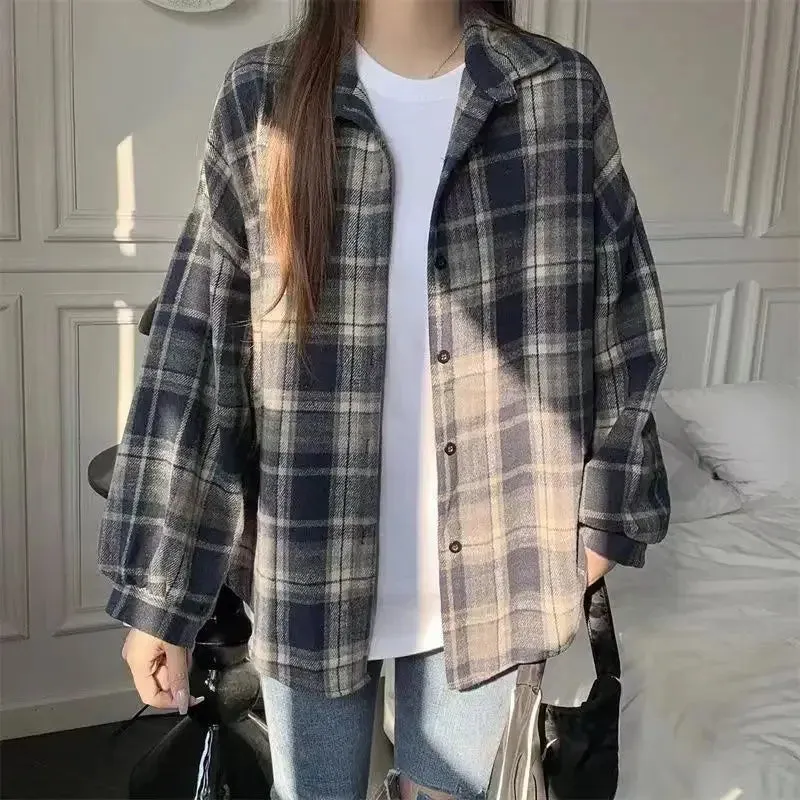 Thickened Plaid Flannel Shirt Autumn Winter New Style Loose Lantern Long Sleeve Casual Outerwear Top For Women