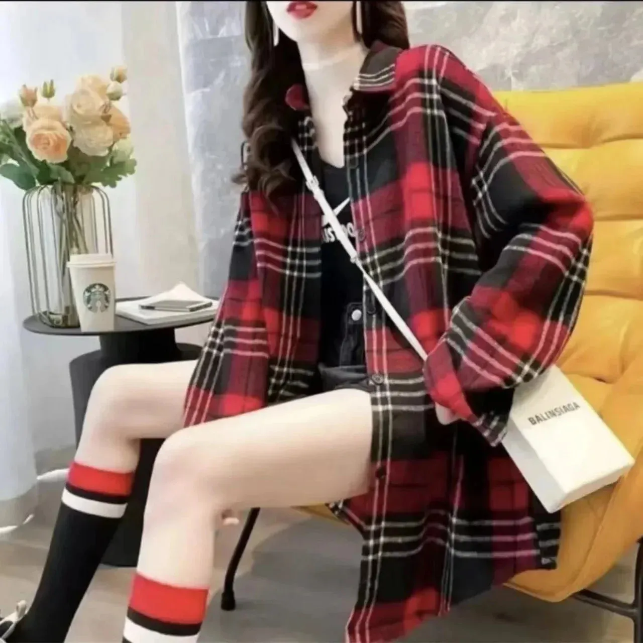 Thickened Plaid Flannel Shirt Autumn Winter New Style Loose Lantern Long Sleeve Casual Outerwear Top For Women