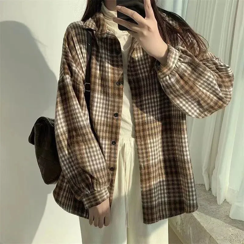 Thickened Plaid Flannel Shirt Autumn Winter New Style Loose Lantern Long Sleeve Casual Outerwear Top For Women