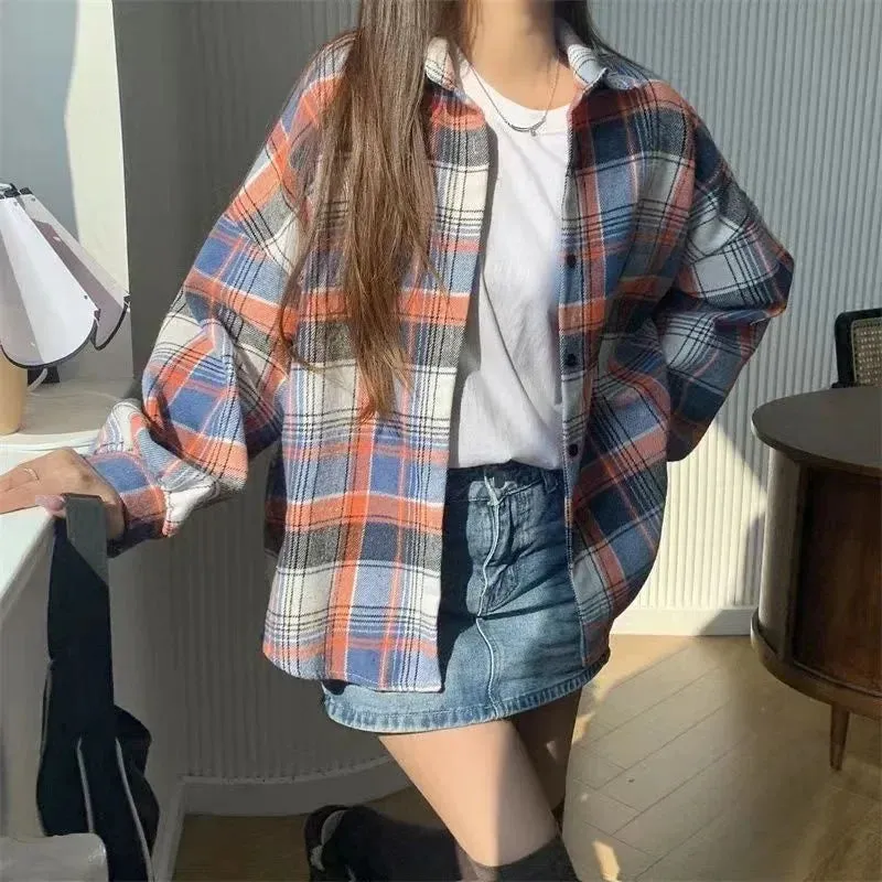 Thickened Plaid Flannel Shirt Autumn Winter New Style Loose Lantern Long Sleeve Casual Outerwear Top For Women