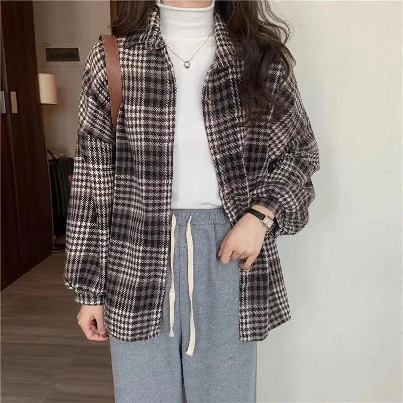 Thickened Plaid Flannel Shirt Autumn Winter New Style Loose Lantern Long Sleeve Casual Outerwear Top For Women