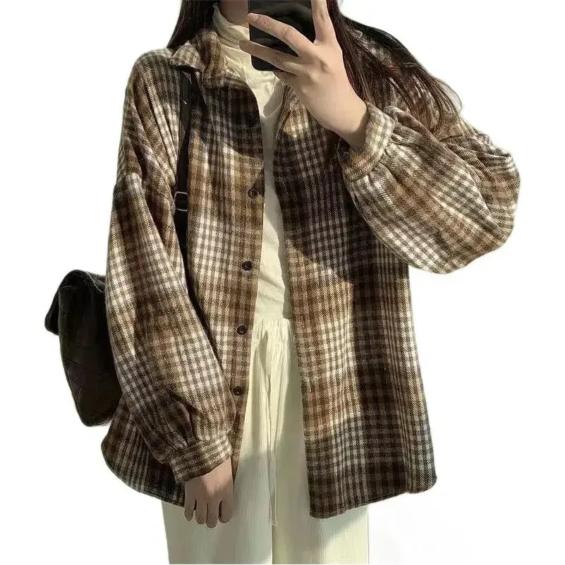 Thickened Plaid Flannel Shirt Autumn Winter New Style Loose Lantern Long Sleeve Casual Outerwear Top For Women