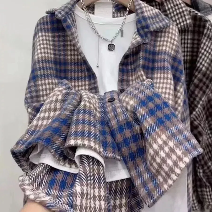 Thickened Plaid Flannel Shirt Autumn Winter New Style Loose Lantern Long Sleeve Casual Outerwear Top For Women