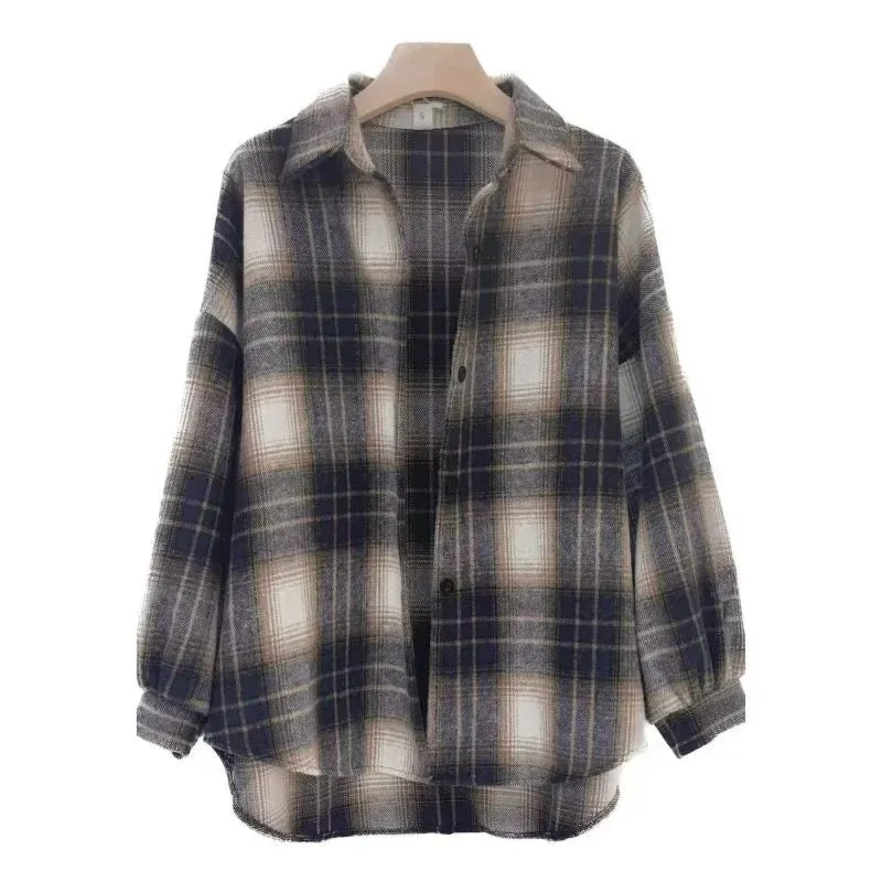 Thickened Plaid Flannel Shirt Autumn Winter New Style Loose Lantern Long Sleeve Casual Outerwear Top For Women