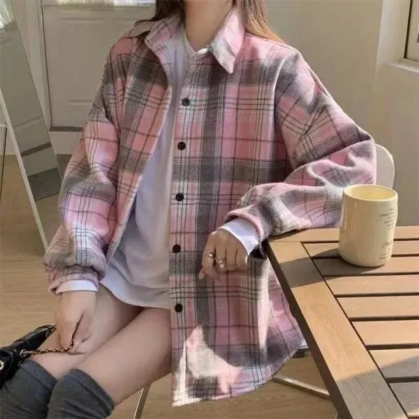 Thickened Plaid Flannel Shirt Autumn Winter New Style Loose Lantern Long Sleeve Casual Outerwear Top For Women