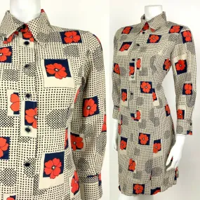 VINTAGE 60s 70s BEIGE BLACK BLUE RED FLORAL POPPY POLKA DOT SHIRT DRESS 10 12