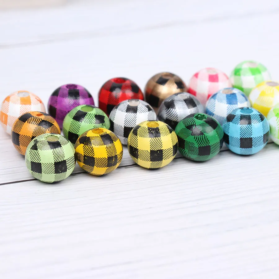 Wholesale 10pcs 16MM Plaid Color Wooden Beads