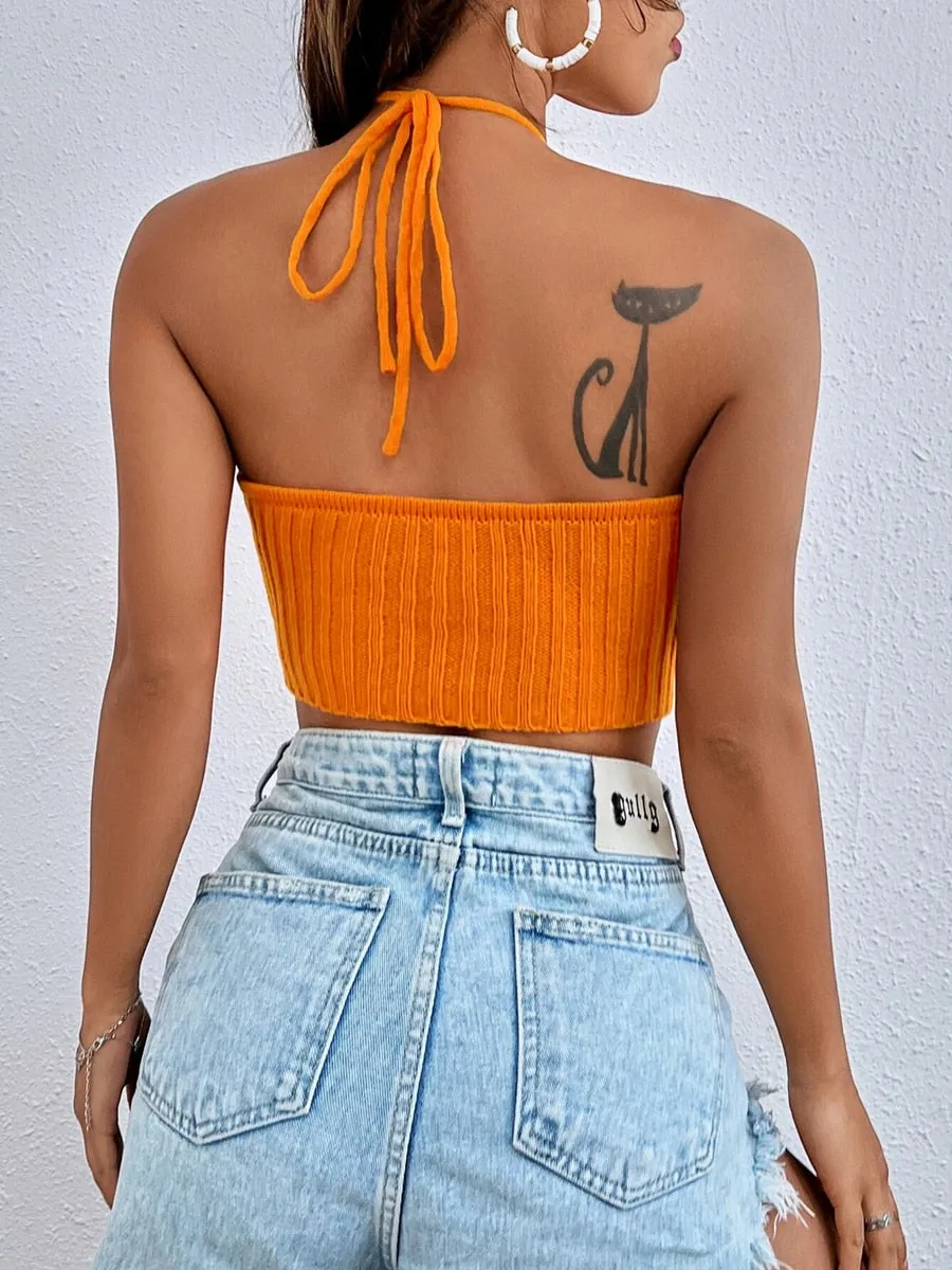 Women Cut Out Tie Crop Top