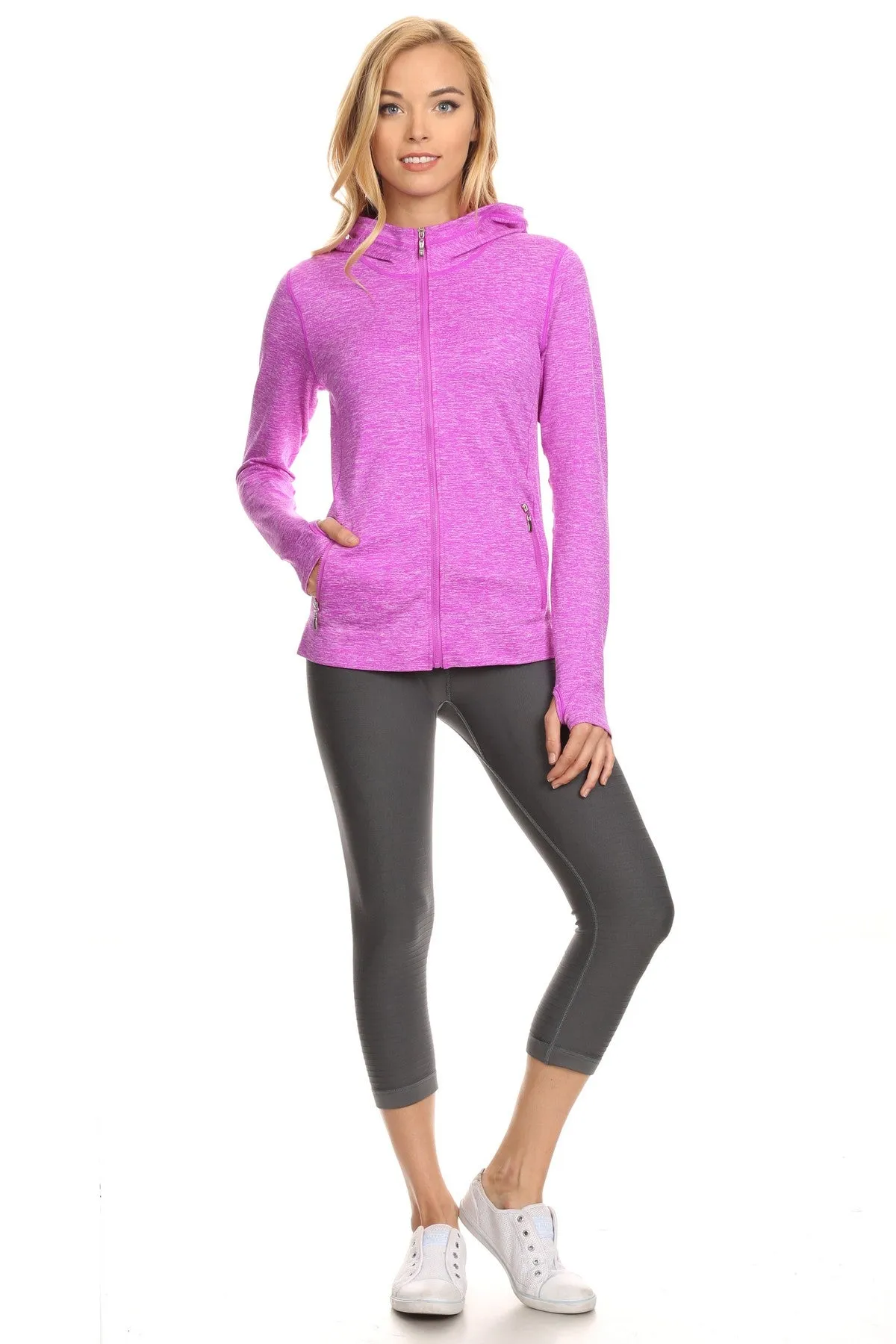 Women's Seamless Full Zipper Jacket with Hoodie and Thumb Holes